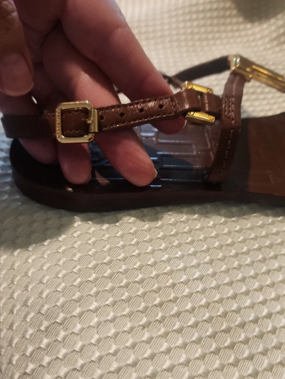 Tory Burch Brown Leather Sandal with Gold-Tone Logo Accent